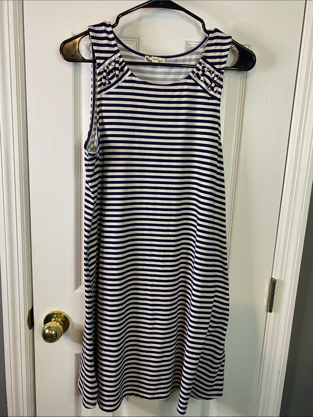 About A Girl Navy and White Striped Dress Sleeveless Size Medium MIDI.